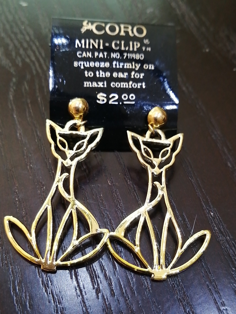 Vintage Coro Gold Tone Cat Outline Drop Earrings - Mini Clip-On